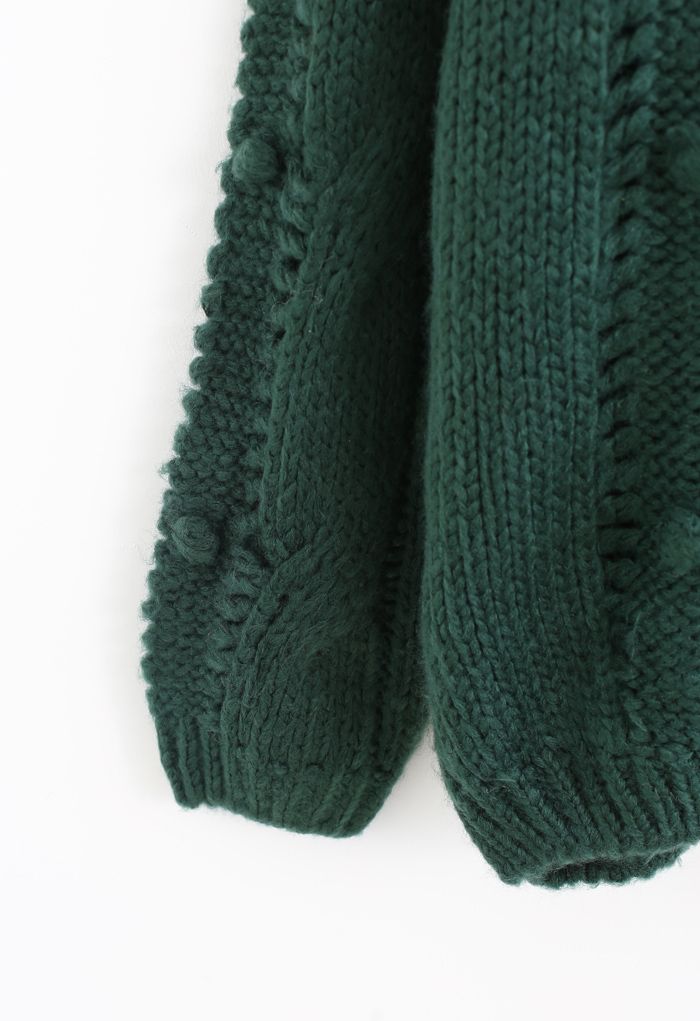 Pom-Pom Eyelet Chunky Knit Sweater in Dark Green