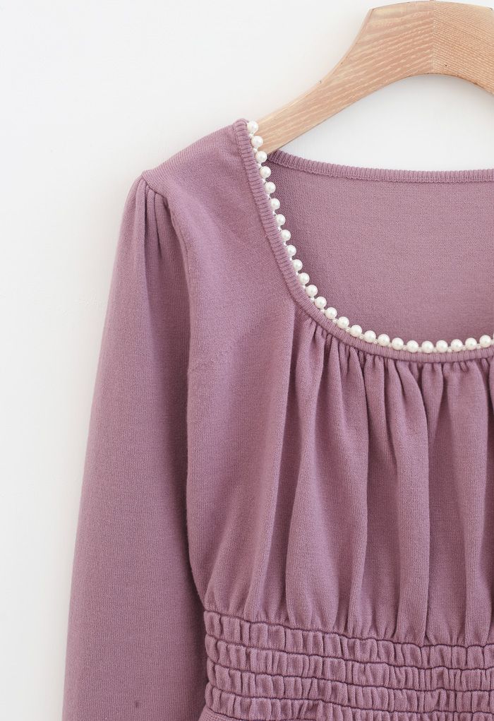 Pearl Square Neck Shirred Peplum Knit Top in Lilac