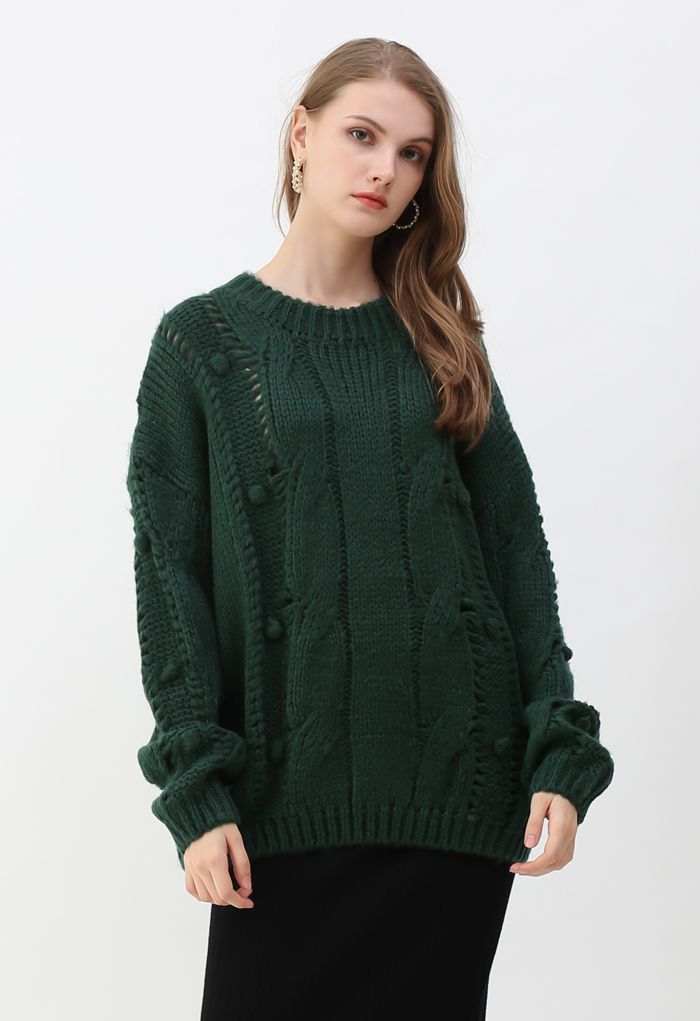 Pom-Pom Eyelet Chunky Knit Sweater in Dark Green