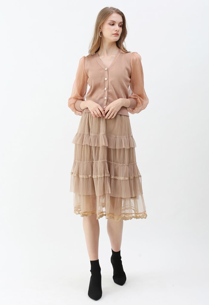 Double-Layered Tiered Pleated Midi Skirt in Sand