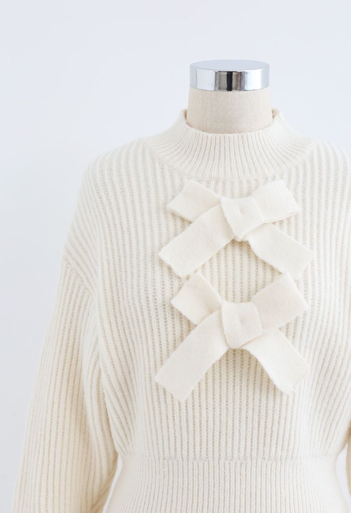 Patched Bowknot Long Sleeves Rib Knit Sweater