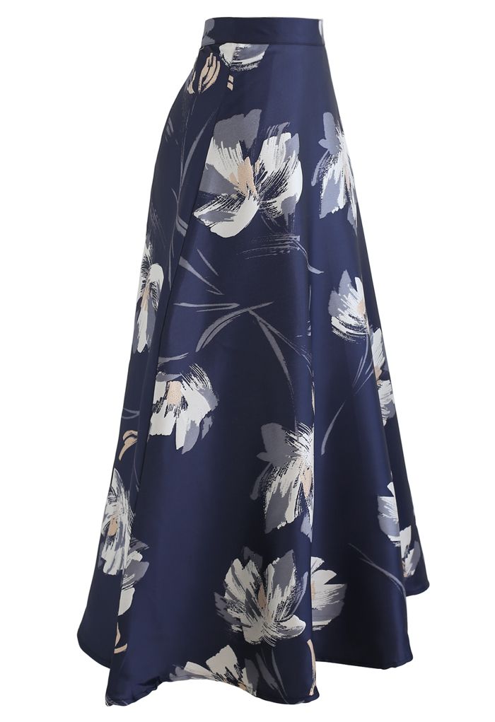 Blooming Floral Jacquard Maxi Skirt in Navy