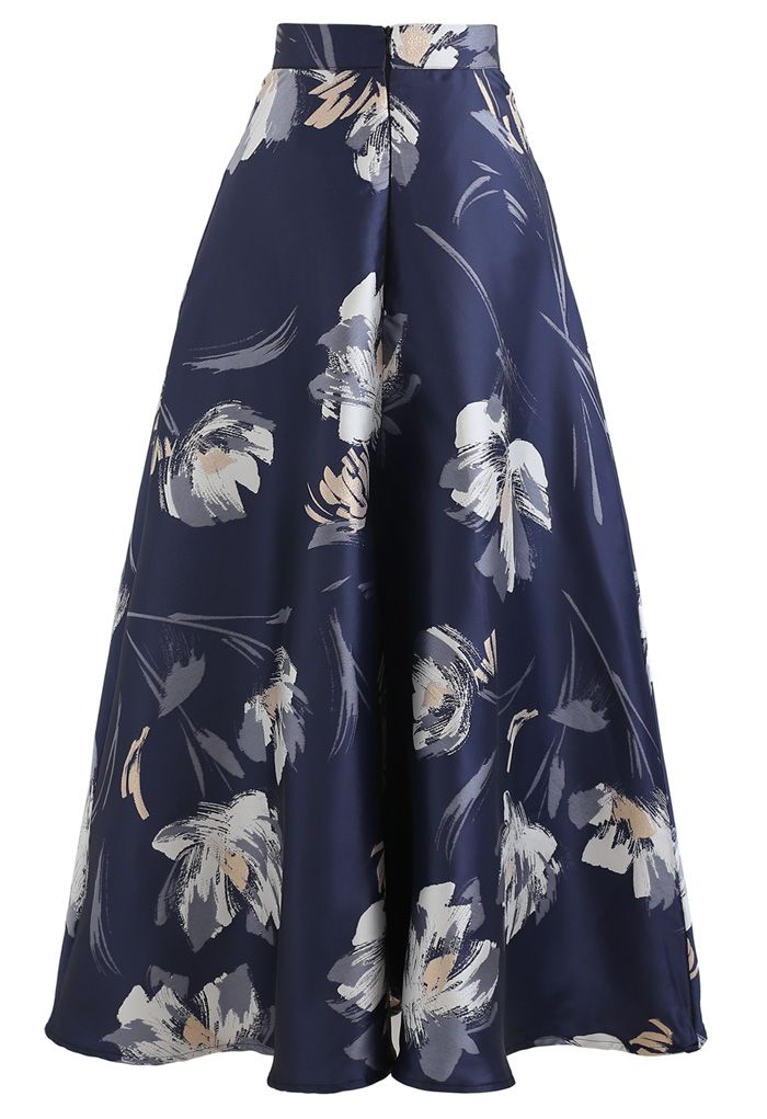 Blooming Floral Jacquard Maxi Skirt in Navy