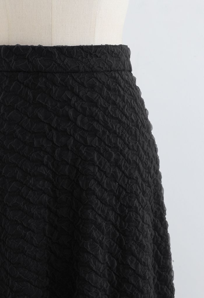 Embossed Mesh Flare Midi Skirt in Black