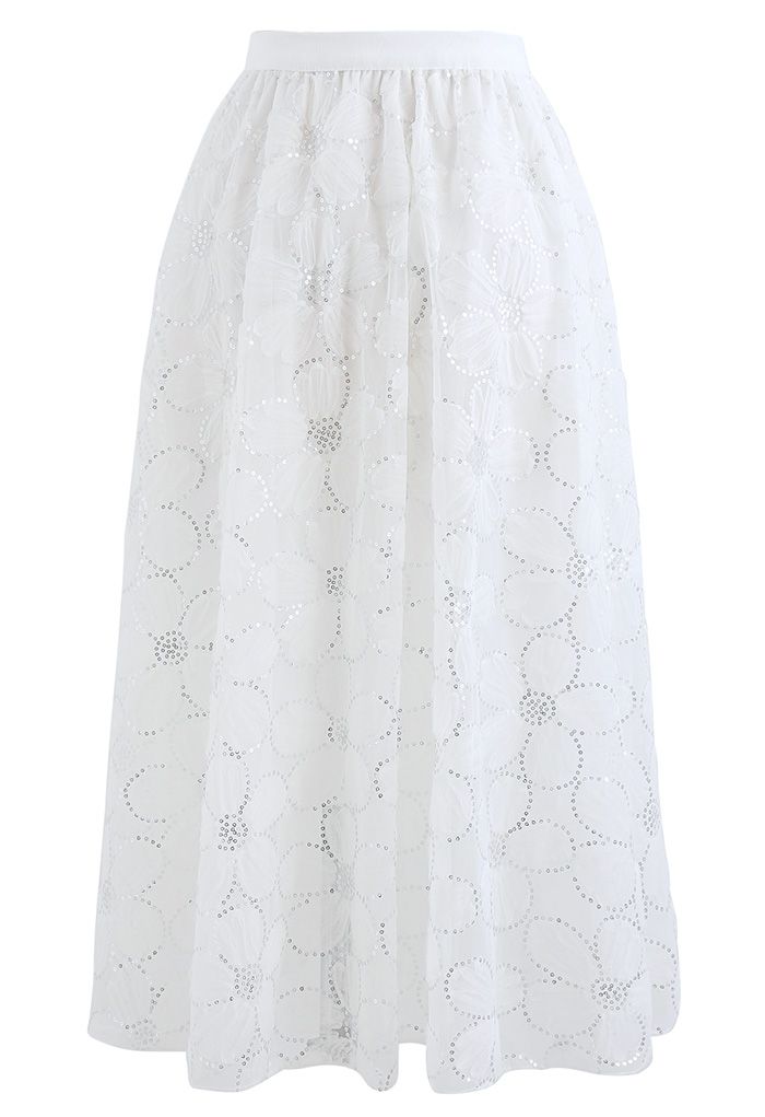 Floral  Sequin Double-Layered Mesh Skirt in White