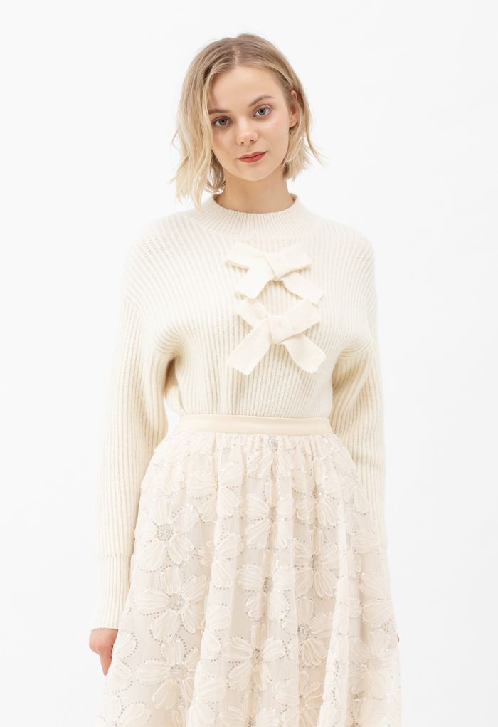 Patched Bowknot Long Sleeves Rib Knit Sweater
