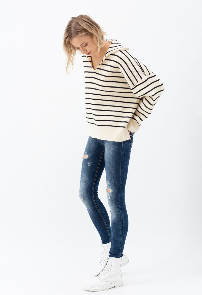 V-Neck Flap Collar Hi-Lo Sweater in Stripe