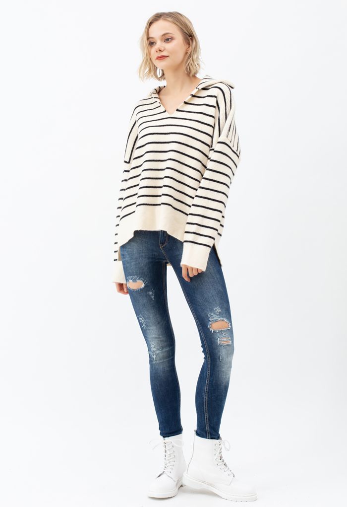 V-Neck Flap Collar Hi-Lo Sweater in Stripe