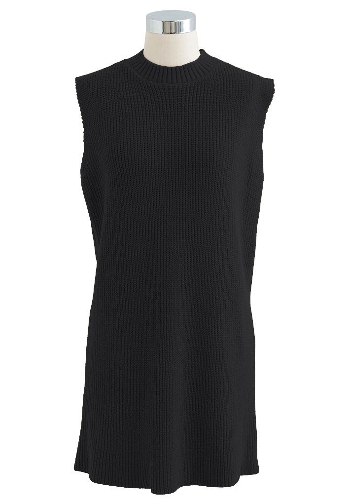 Mock Neck Crop Sweater and Sleeveless Knit Dress Set in Black