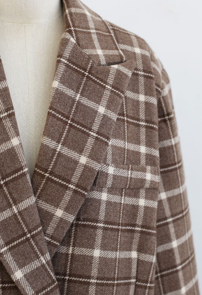 Wool-Blend Plaid Double-Breasted Coat in Brown