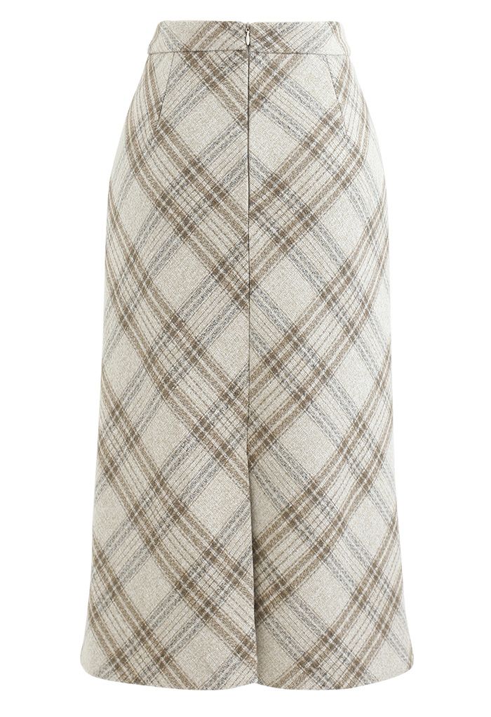 Check Print Wool-Blend Pencil Skirt in Sand