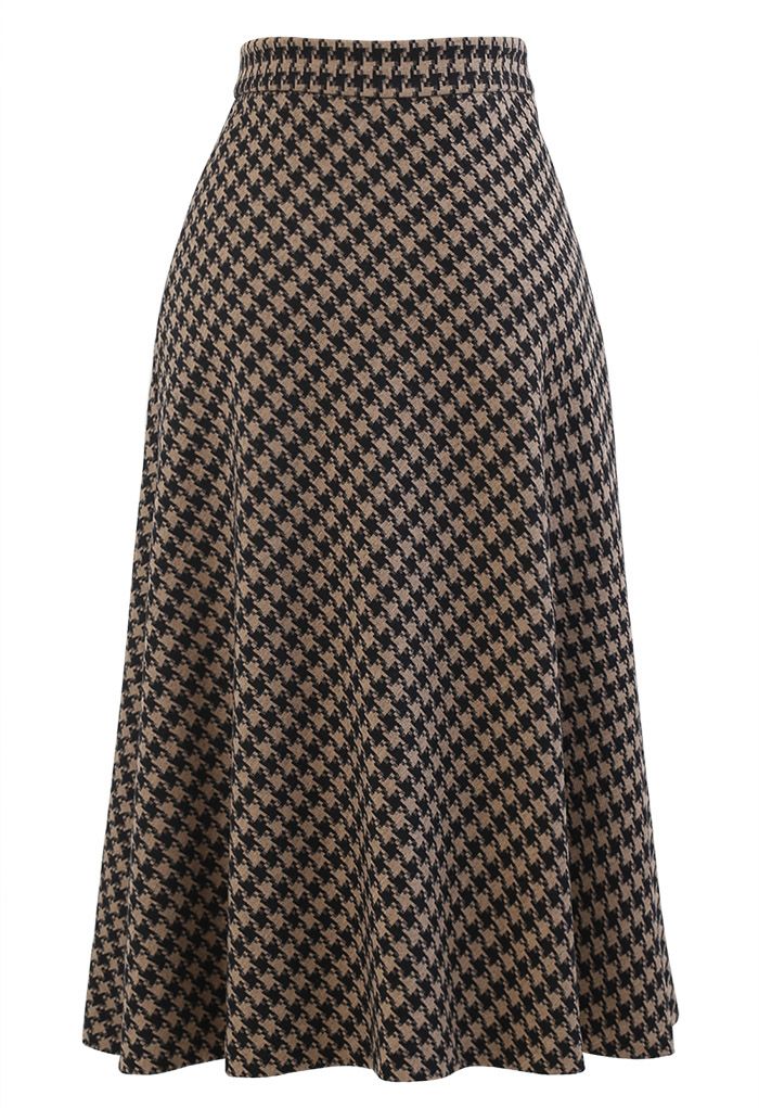 Houndstooth Flare A-Line Midi Skirt in Brown
