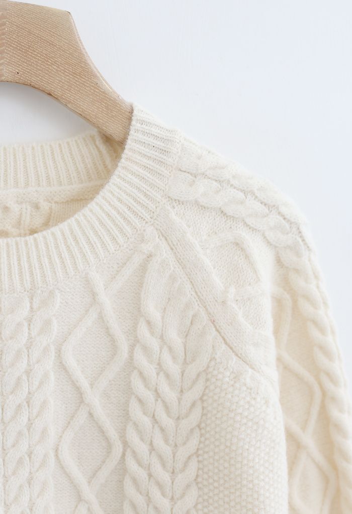 Braid Texture Cropped Knit Sweater in Ivory
