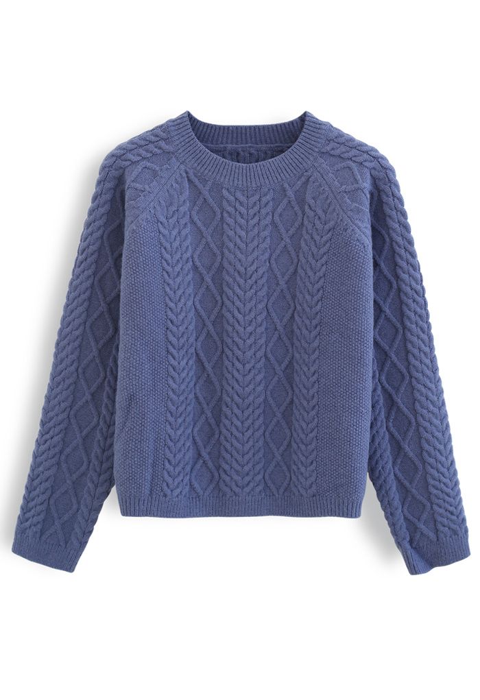 Braid Texture Cropped Knit Sweater in Blue