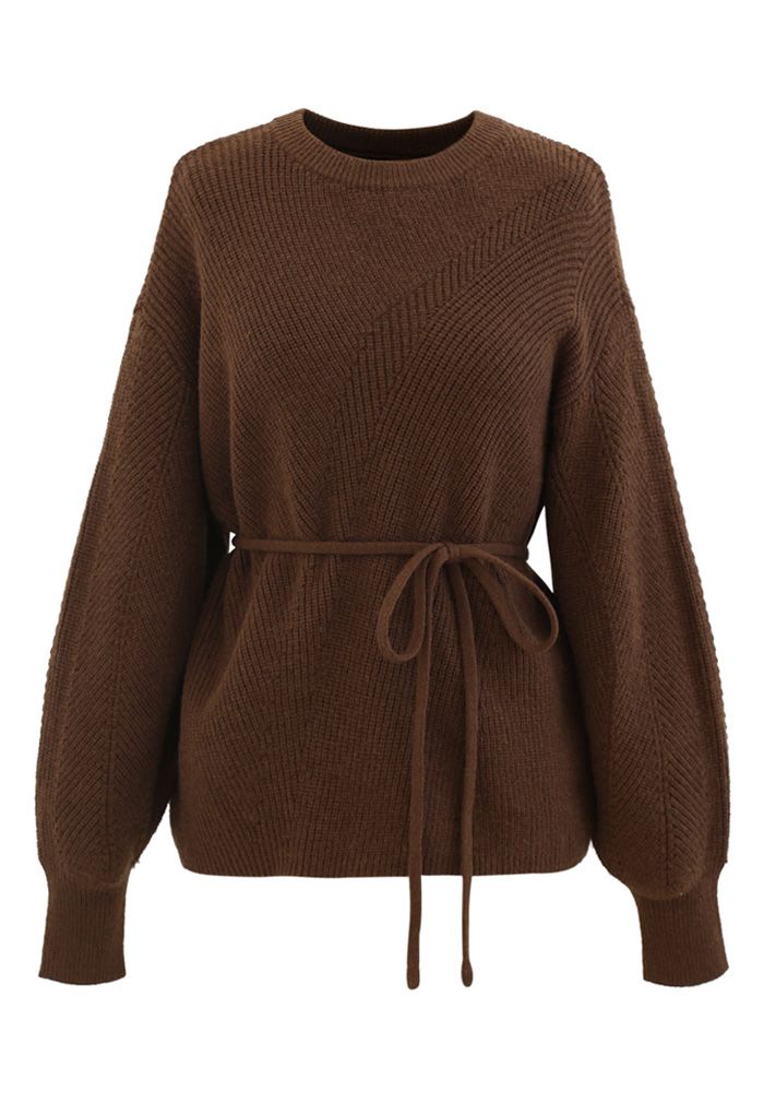 Cozy Ribbed Knit Sweater with String in Brown