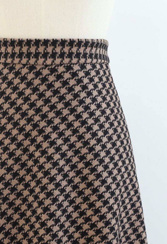 Houndstooth Flare A-Line Midi Skirt in Brown