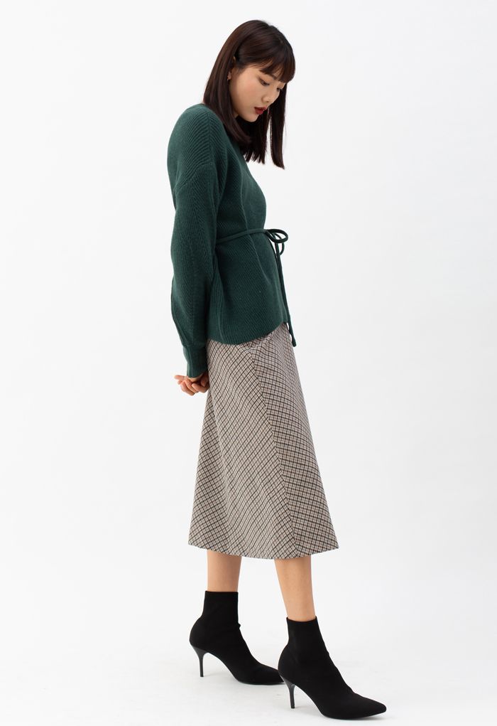 Grid Houndstooth Flare A-Line Midi Skirt