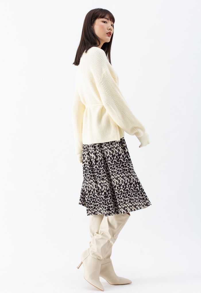 Leopard Print Corduroy Velvet Skirt in Cream