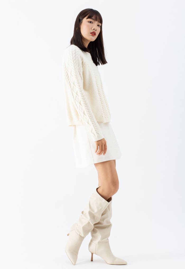 Braid Texture Cropped Knit Sweater in Ivory