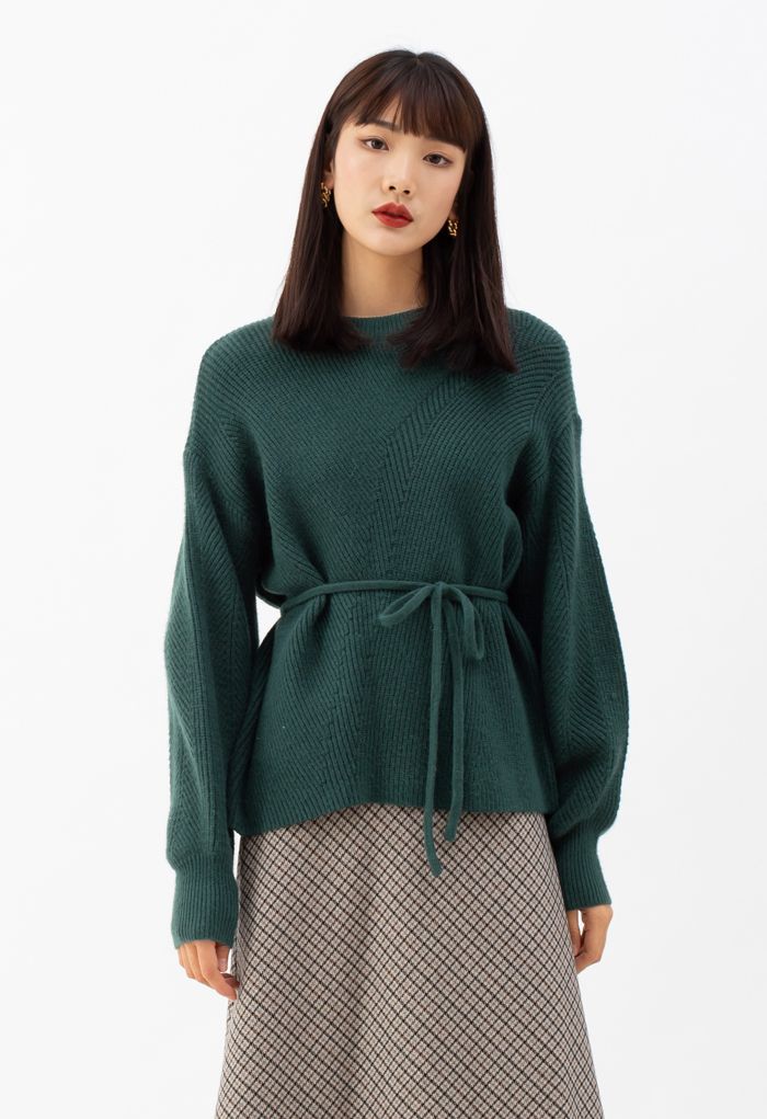Cozy Ribbed Knit Sweater with String in Dark Green