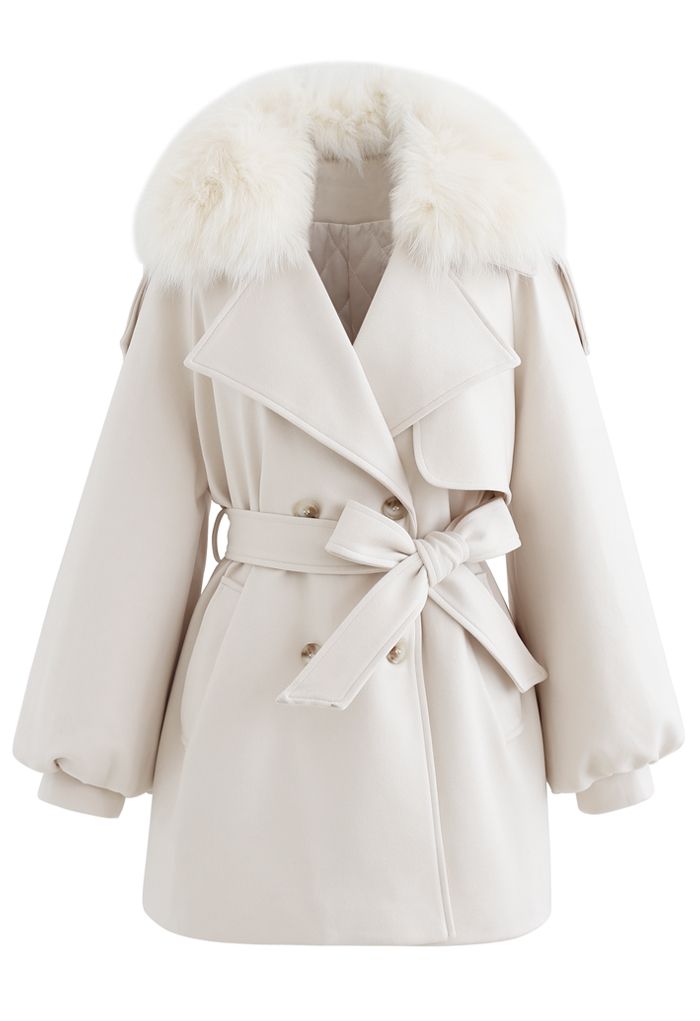 Faux Fur Collar Bubble Sleeves Wool-Blend Coat in Cream