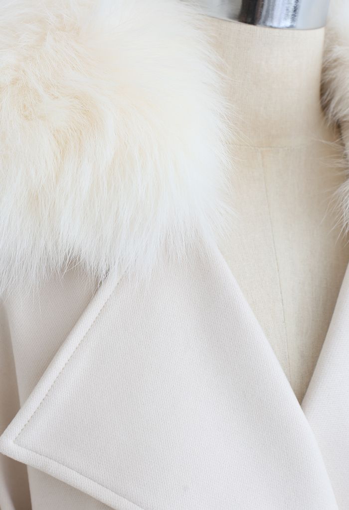 Faux Fur Collar Bubble Sleeves Wool-Blend Coat in Cream