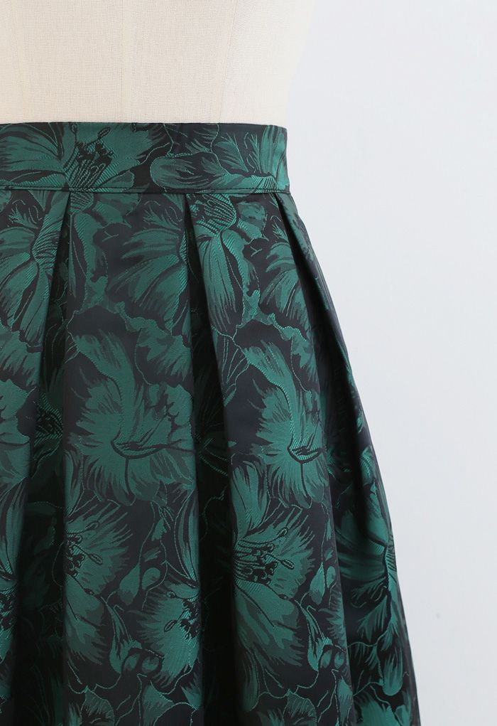 Green Peony Jacquard Pleated Midi Skirt