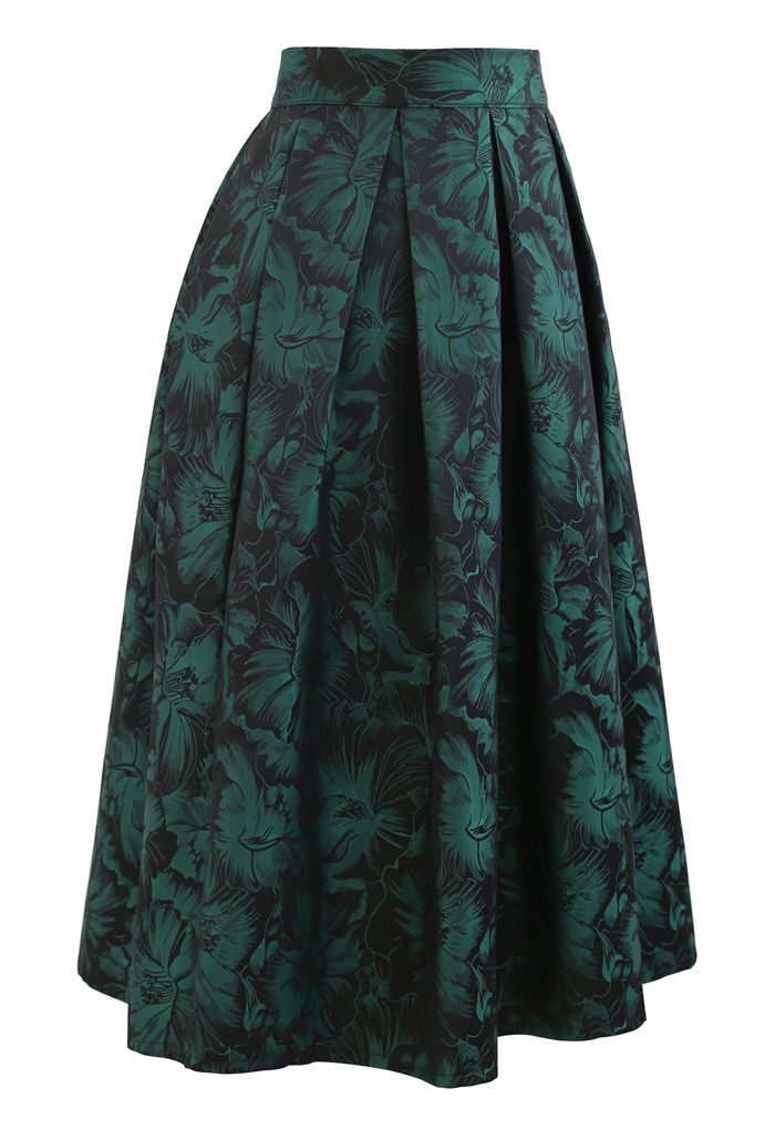 Green Peony Jacquard Pleated Midi Skirt