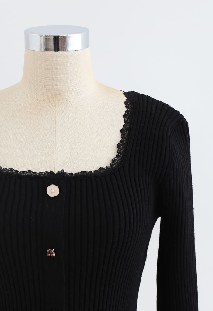 Square Neck Button Decorated Crop Knit Top in Black