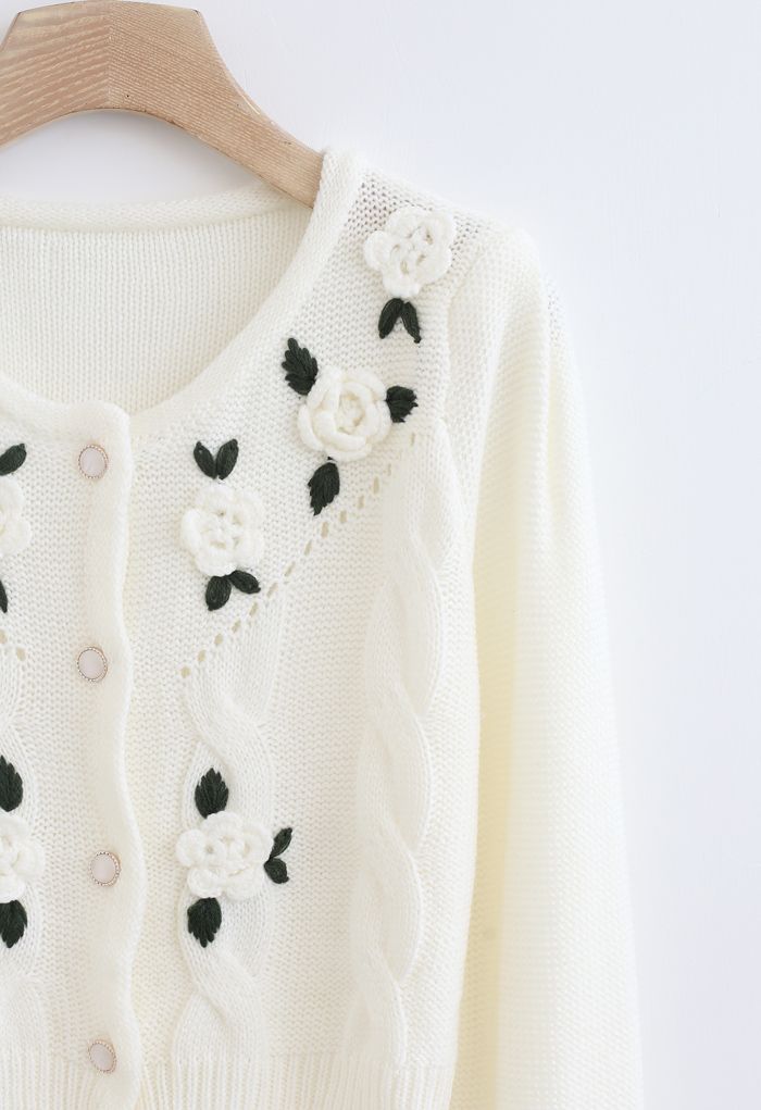 Flower Stitched Buttoned Knit Cardigan in White