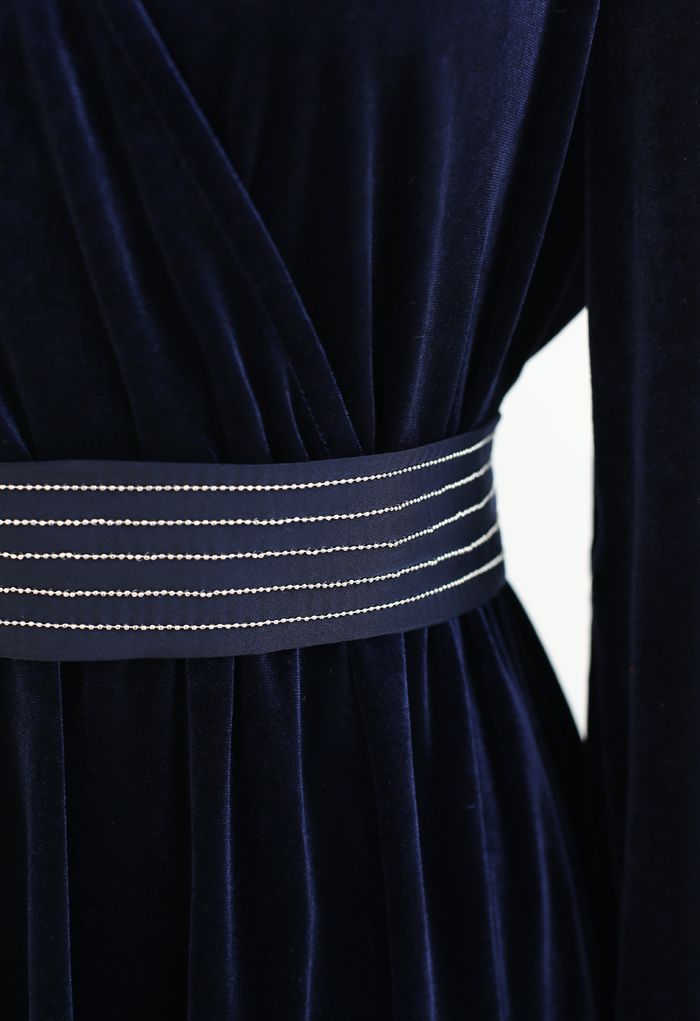 V-Neck Belted Velvet Wrap Dress in Navy