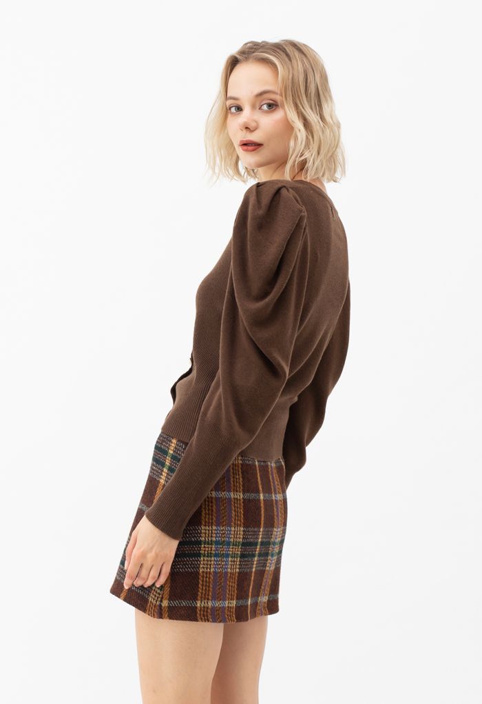 Button Ribbed Puff Sleeve Knit Top in Brown