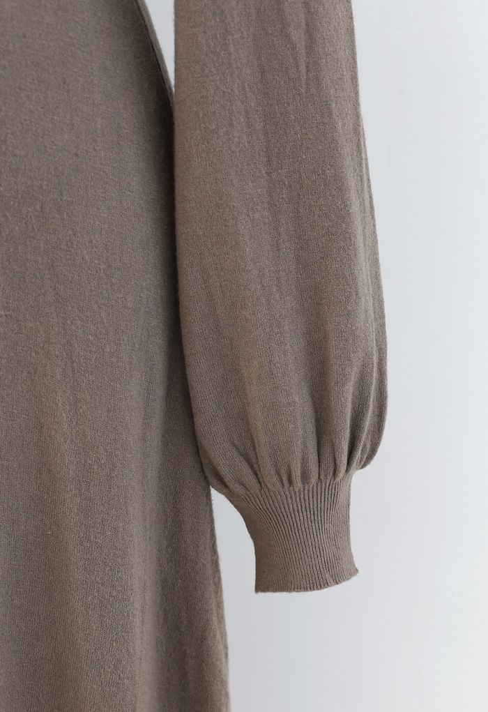 Ruched Buttoned Front Soft Knit Dress in Taupe