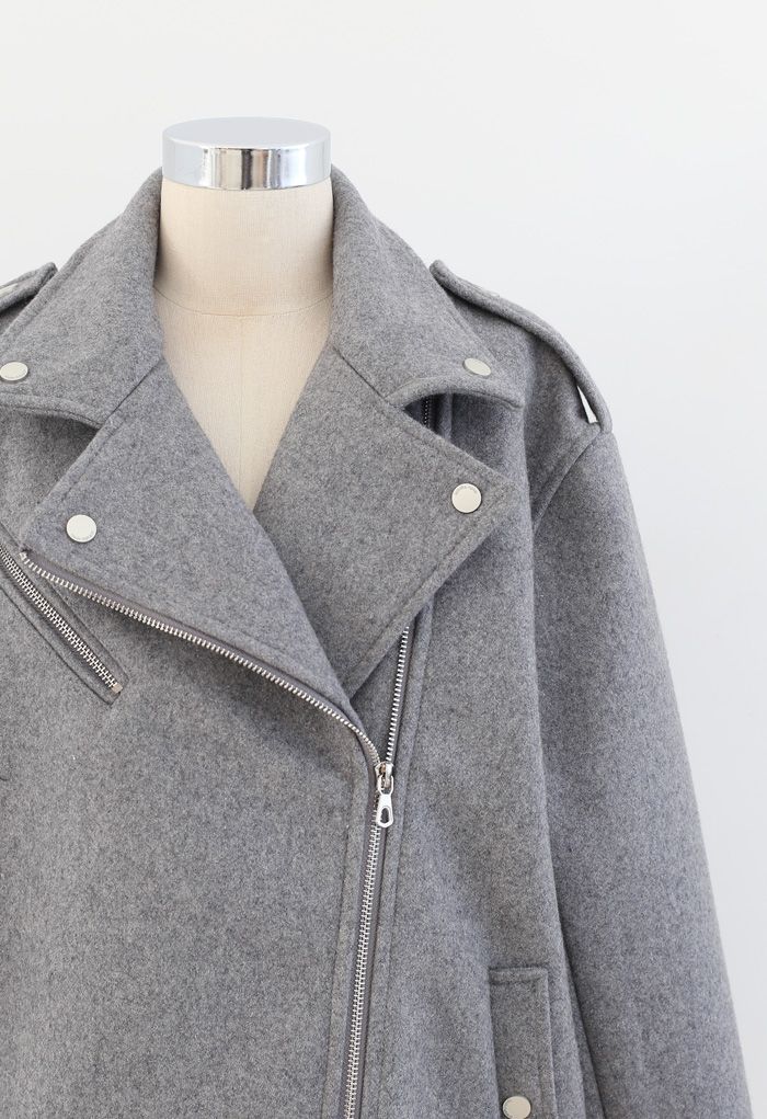 Wool-Blend Zipper Moto Jacket in Grey