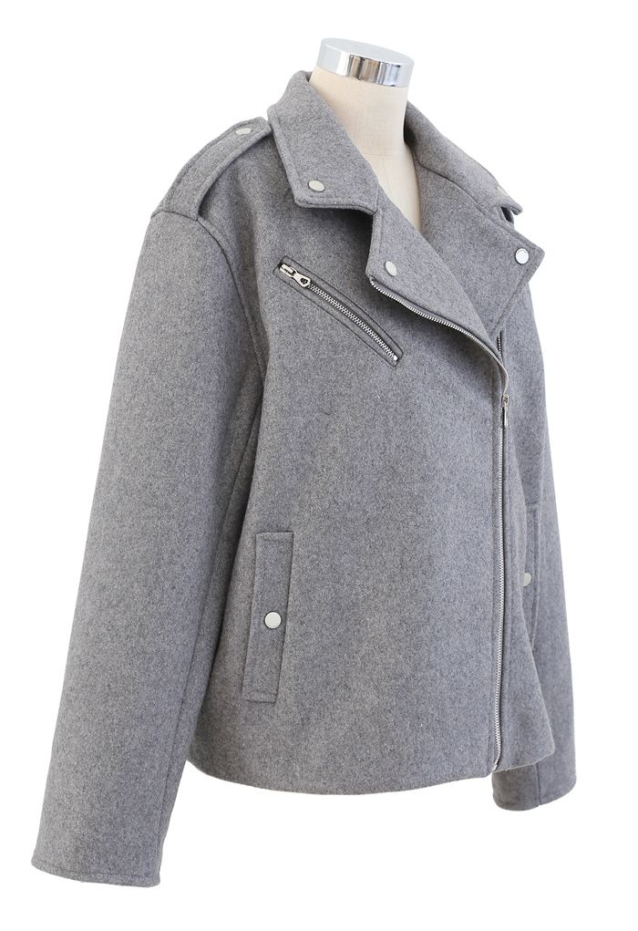 Wool-Blend Zipper Moto Jacket in Grey