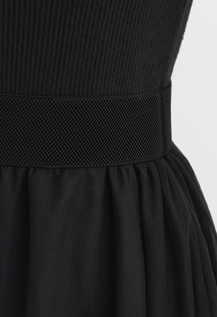 Elasticated Waist Knit Splice Mesh Dress in Black