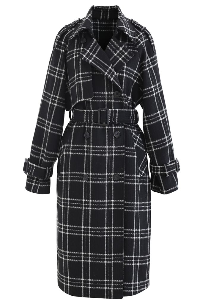 Black Check Belted Wool-Blend Longline Coat