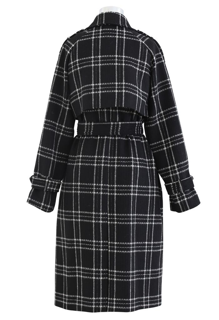 Black Check Belted Wool-Blend Longline Coat