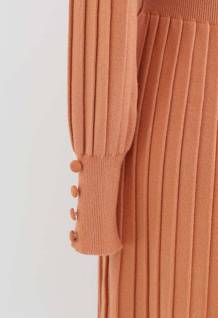 Button Decorated Pleated Knit Dress in Orange