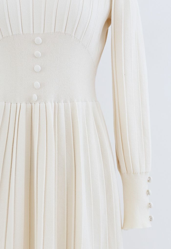 Button Decorated Pleated Knit Dress in Cream