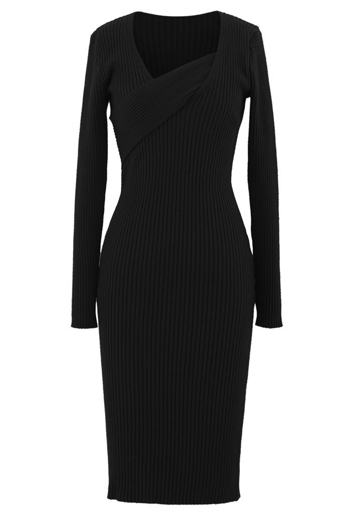 Surplice Wrap Front Ribbed Knit Dress in Black