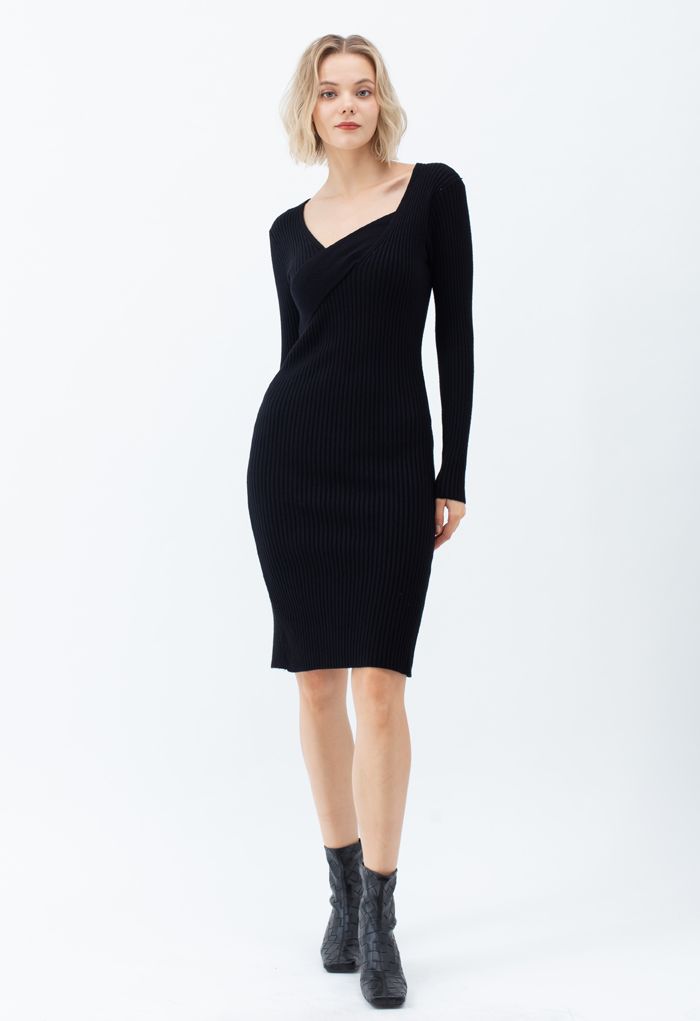 Surplice Wrap Front Ribbed Knit Dress in Black