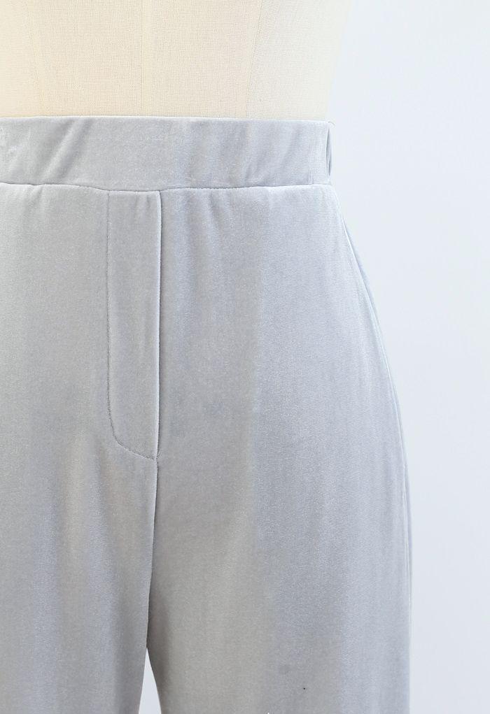 Side Pockets High Waist Velvet Pants in Grey