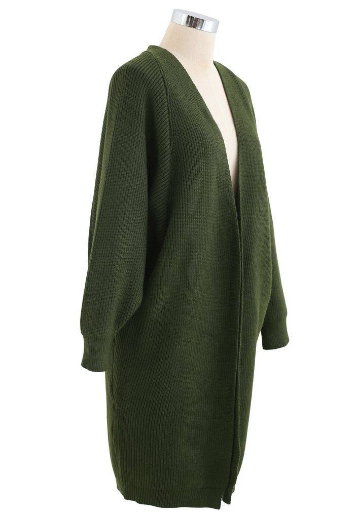 Batwing Ribbed Knit Longline Cardigan in Green