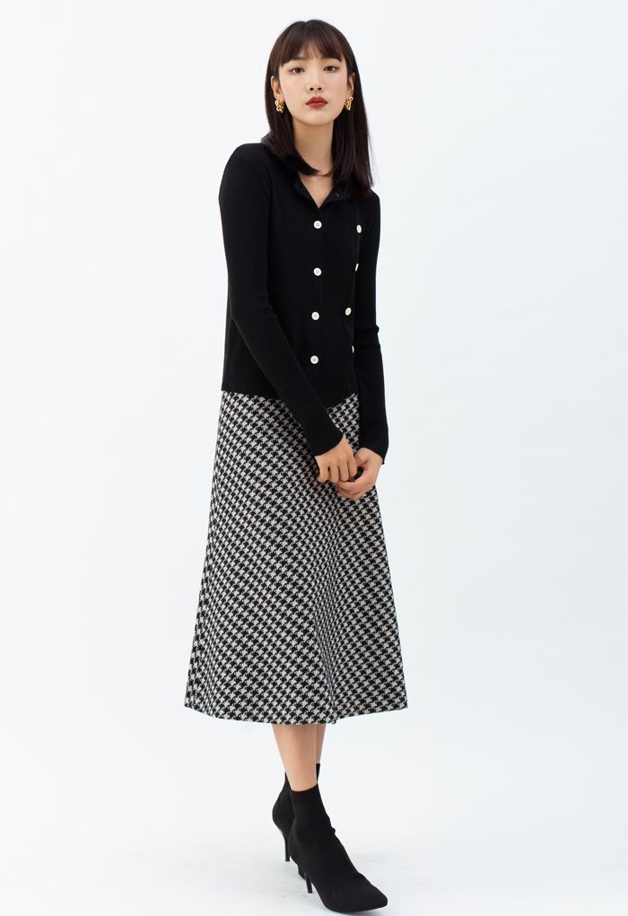 Houndstooth Flare A-Line Midi Skirt in Black