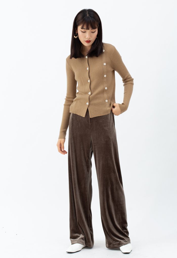 Side Pockets High Waist Velvet Pants in Brown