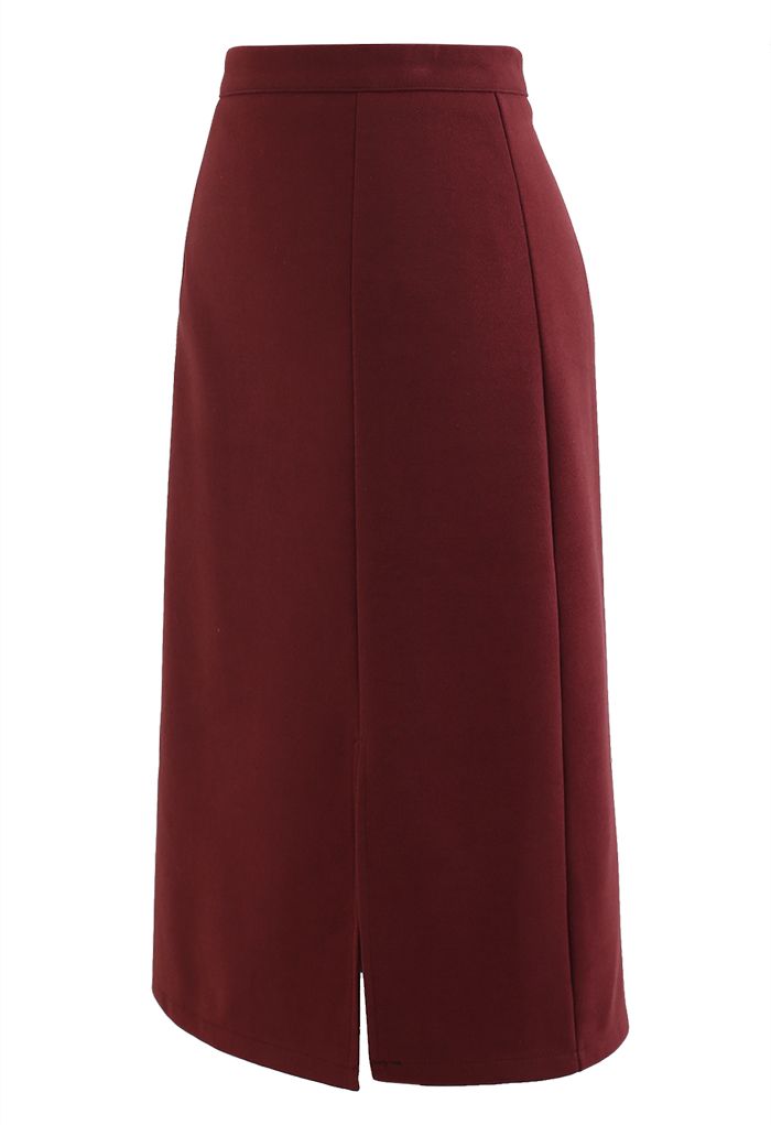 Side Slit Midi Pencil Skirt in Red