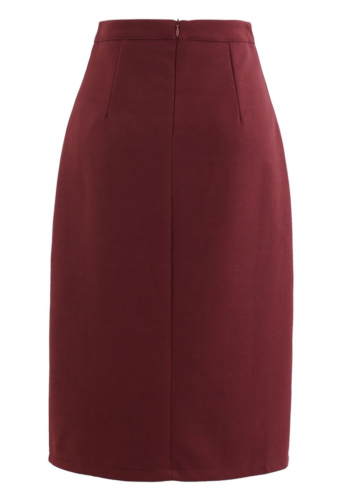 Side Slit Midi Pencil Skirt in Red