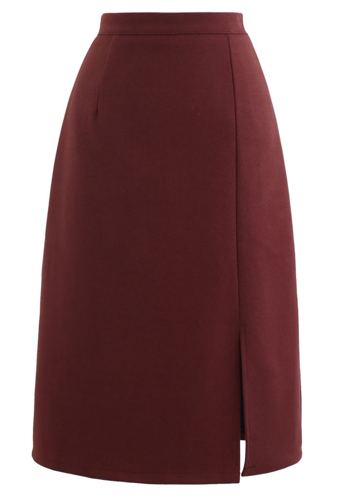 Side Slit Midi Pencil Skirt in Red