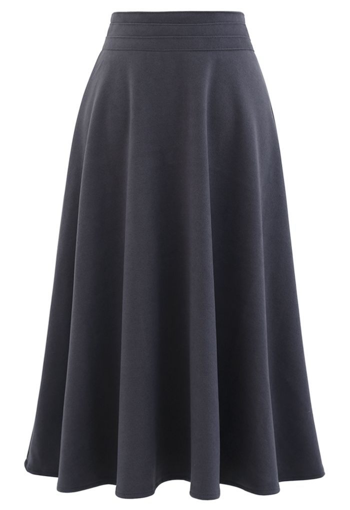 High Waist A-Line Flare Midi Skirt in Smoke